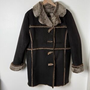 Fjall Penny Lane Faux Shearling Coat Women Large Brown Sherpa Toggle USA Y2K